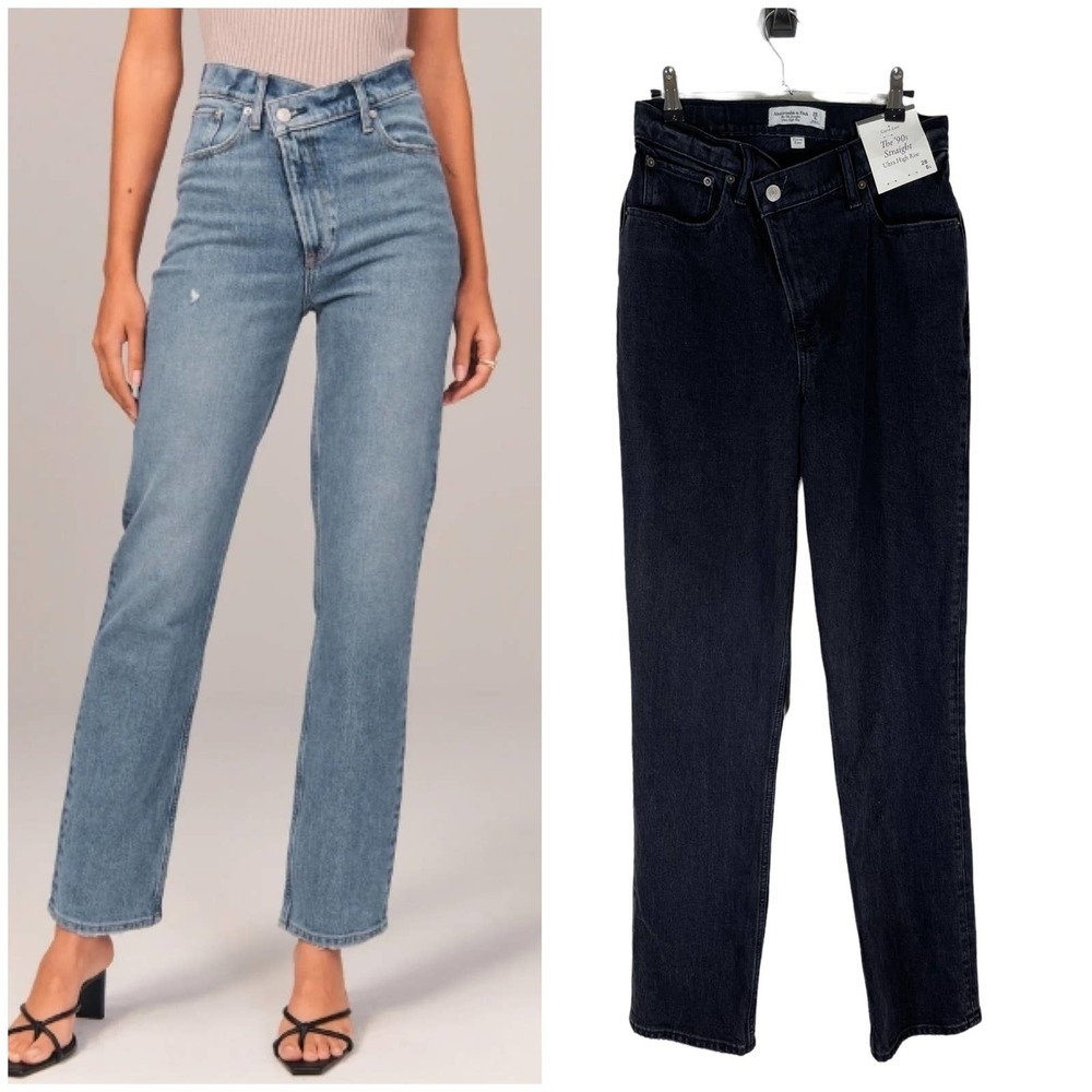 NWT Abercrombie 90s Straight Ultra High Rise Curve Love Cross Front Black 28 L